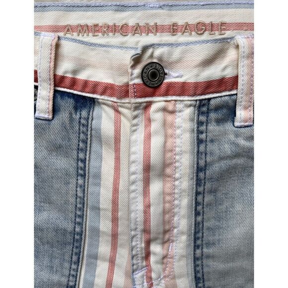 American Eagle Hi-Rise Mom Short in Red White & Blue Stripes Patchwork Denim - Picture 7 of 12